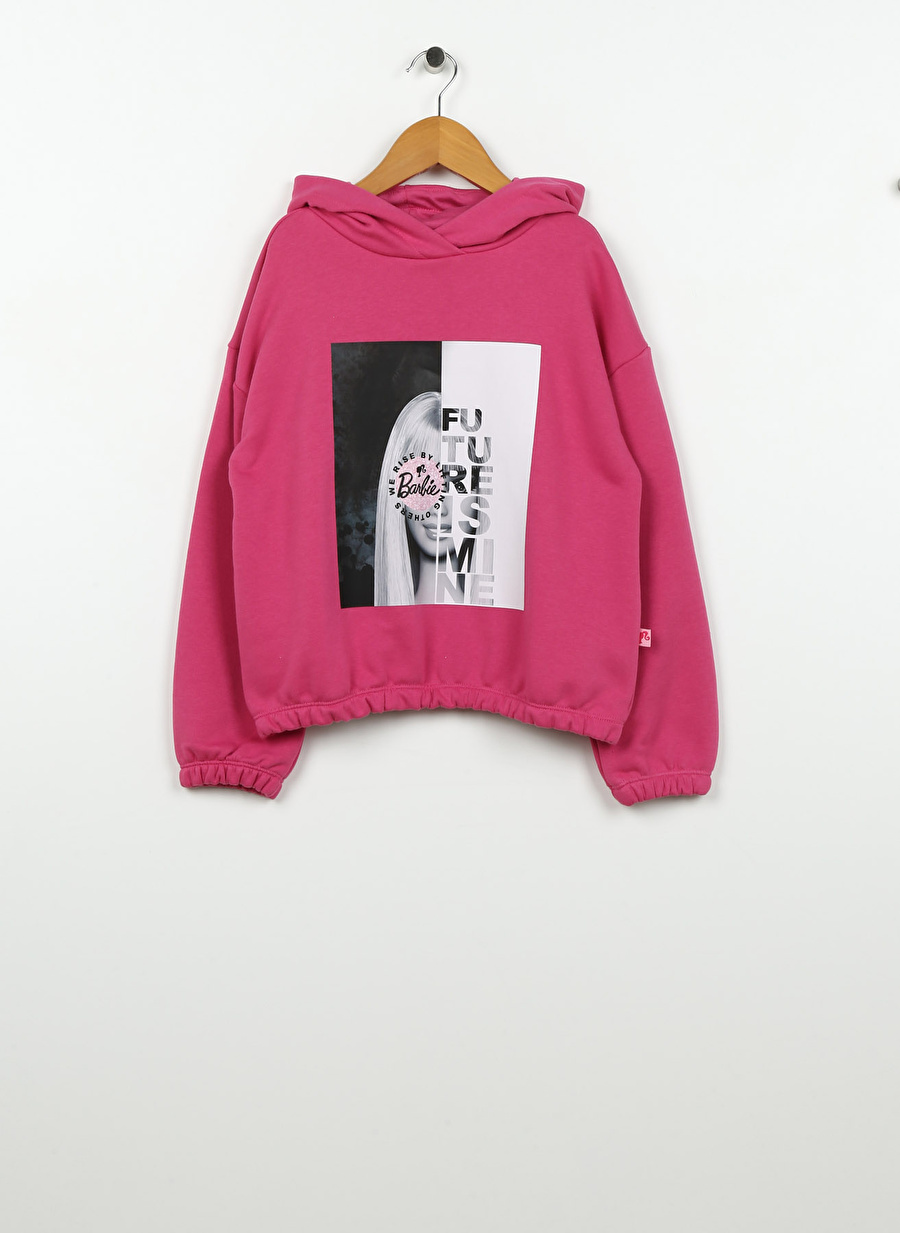 Barbie Pembe Kız Çocuk Kapüşonlu Düşük Omuz Oversize Baskılı Sweatshirt BRB3WG-SWT28