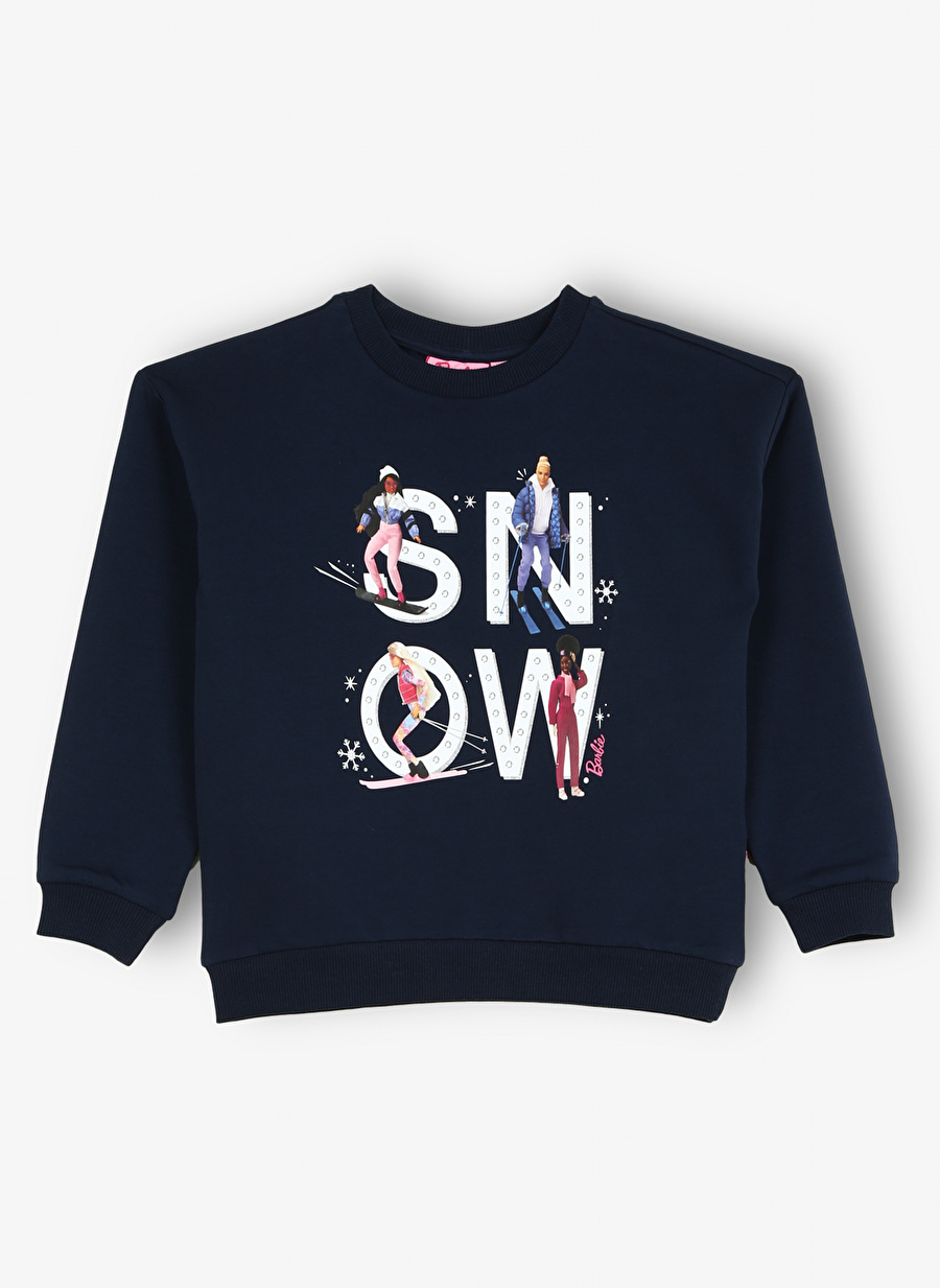 Barbie Lacivert Kız Çocuk Bisiklet Yaka Düşük Omuz Oversize Baskılı Sweatshirt BRB3WG-SWT5