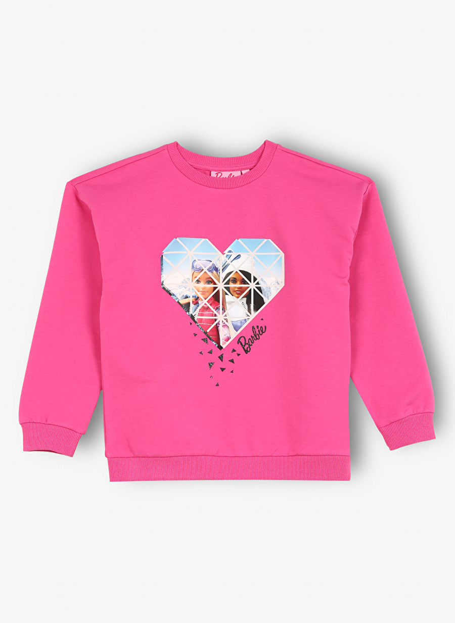 Barbie Pembe Kız Çocuk Bisiklet Yaka Düşük Omuz Oversize Baskılı Sweatshirt BRB3WG-SWT20