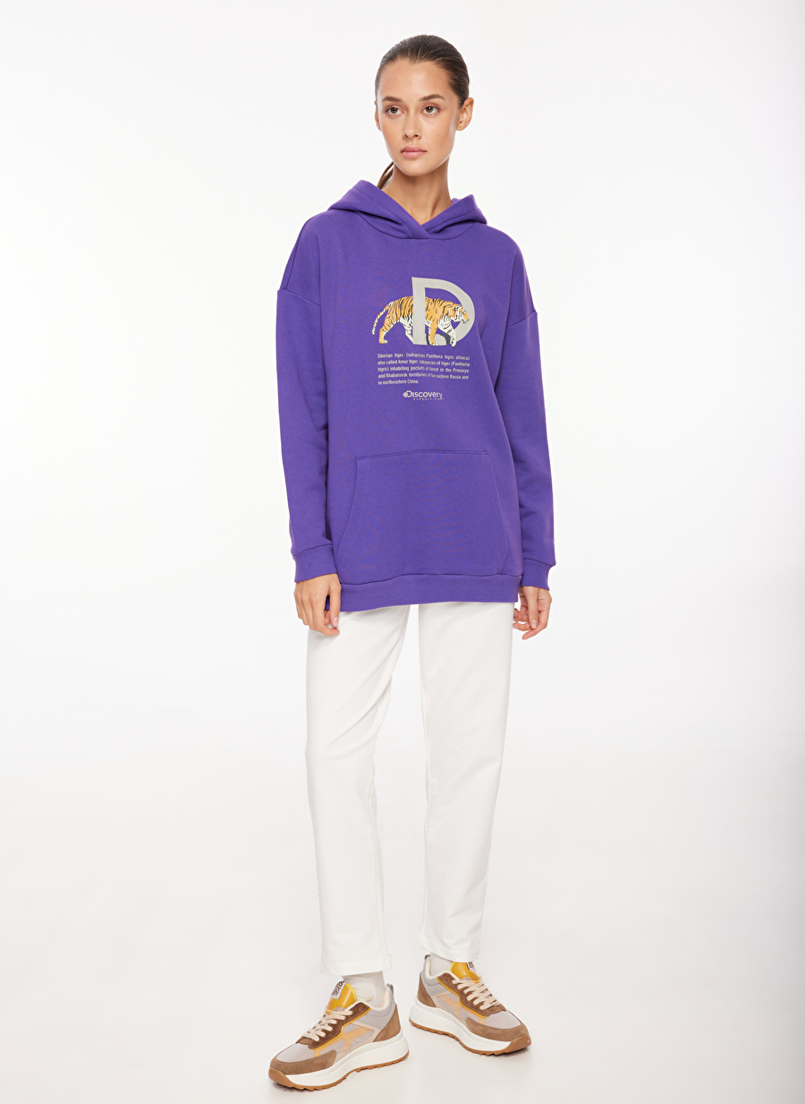 Discovery Expedition Mor Kadın Kapüşonlu Baskılı Sweatshirt D3WL-SWT25