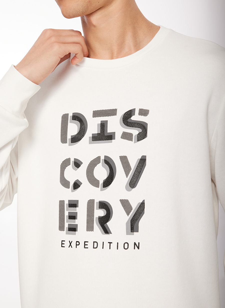 Discovery Expedition Ekru Erkek Bisiklet Yaka Baskılı Sweatshirt D3WM-SWT42