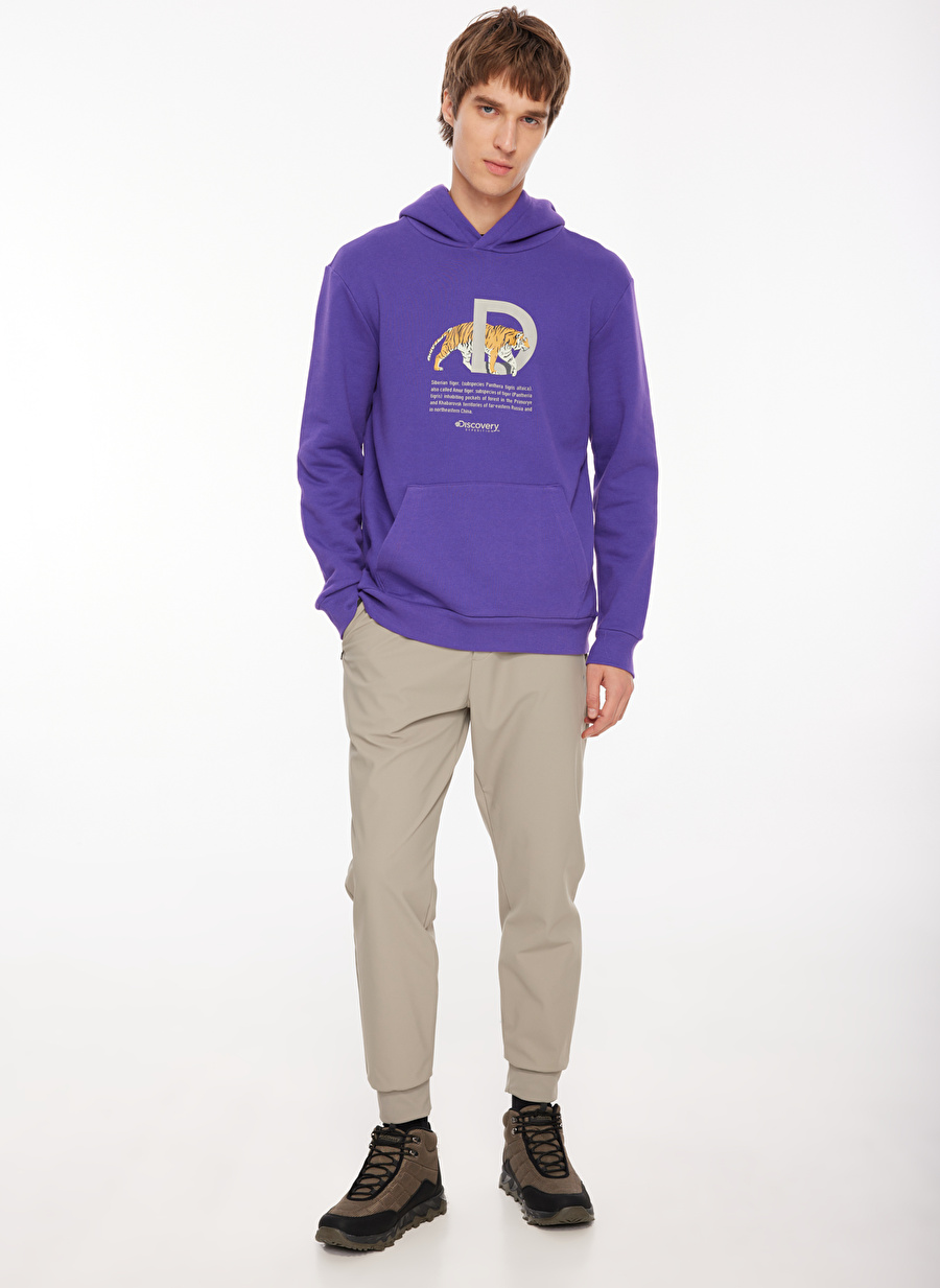 Discovery Expedition Mor Erkek Kapüşonlu Baskılı Sweatshirt D3WM-SWT41