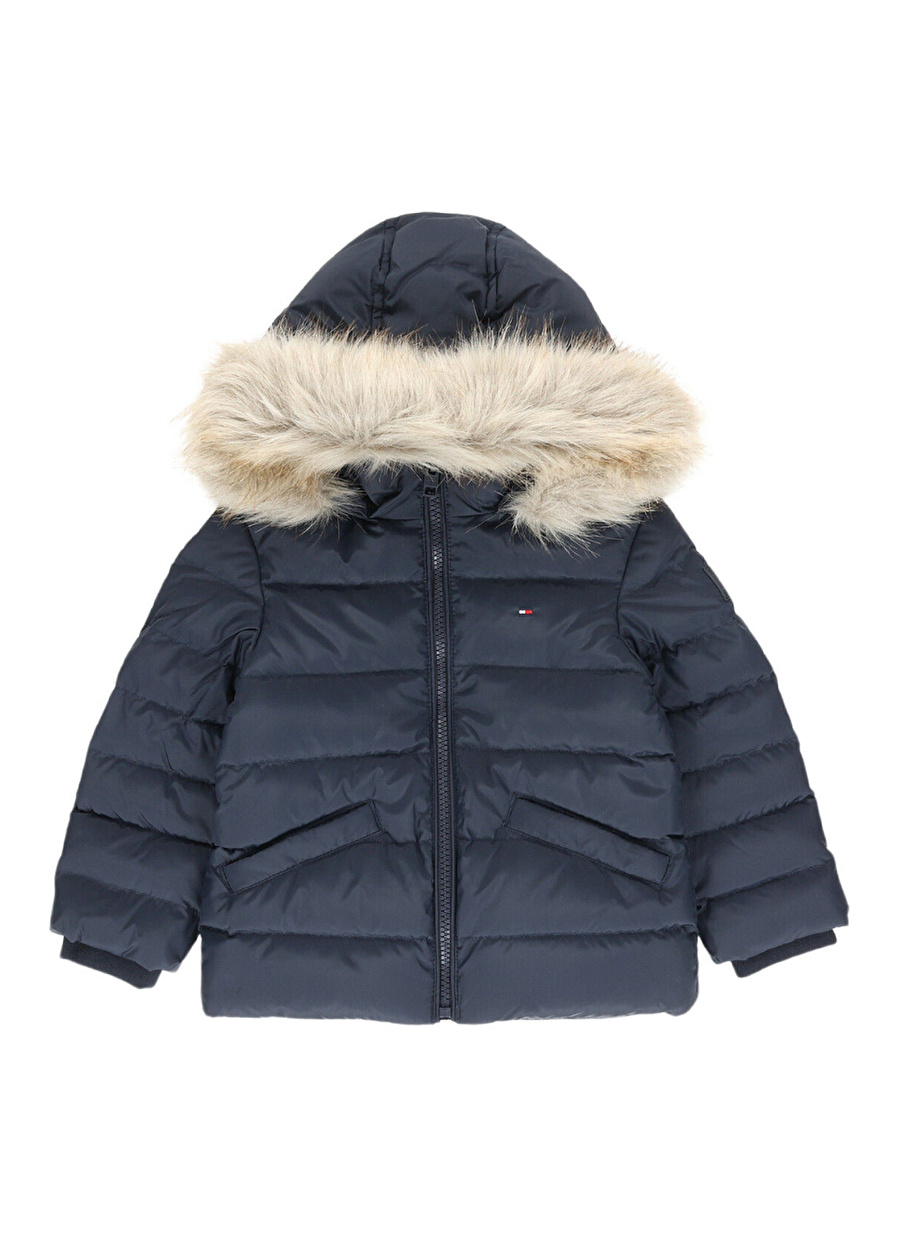 Tommy Hilfiger Mavi Kız Çocuk Kapüşonlu Kürklü Mont KG0KG07399