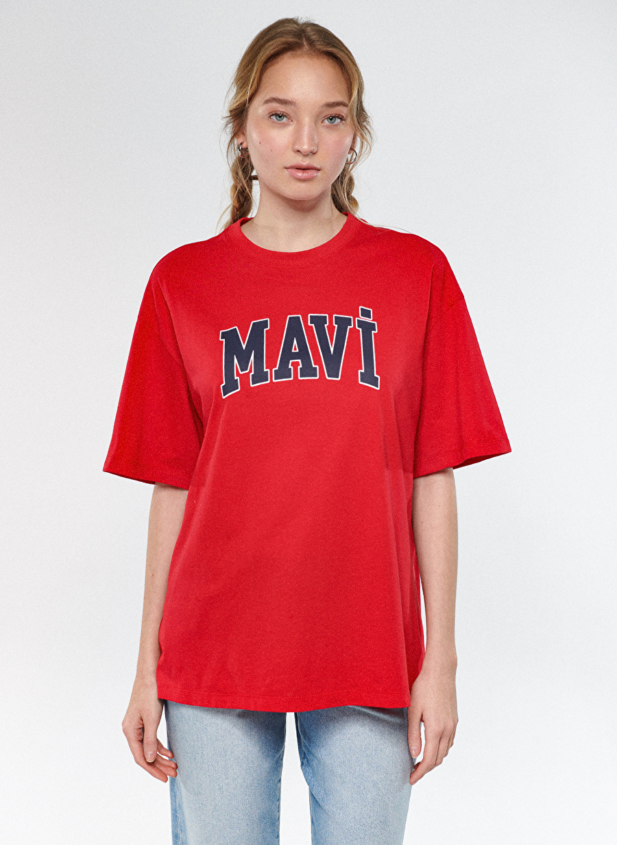 Mavi Bisiklet Yaka Baskılı Kırmızı Kadın T-Shirt M1600843-82054 MAVİ BASKILI TİŞÖRT_2