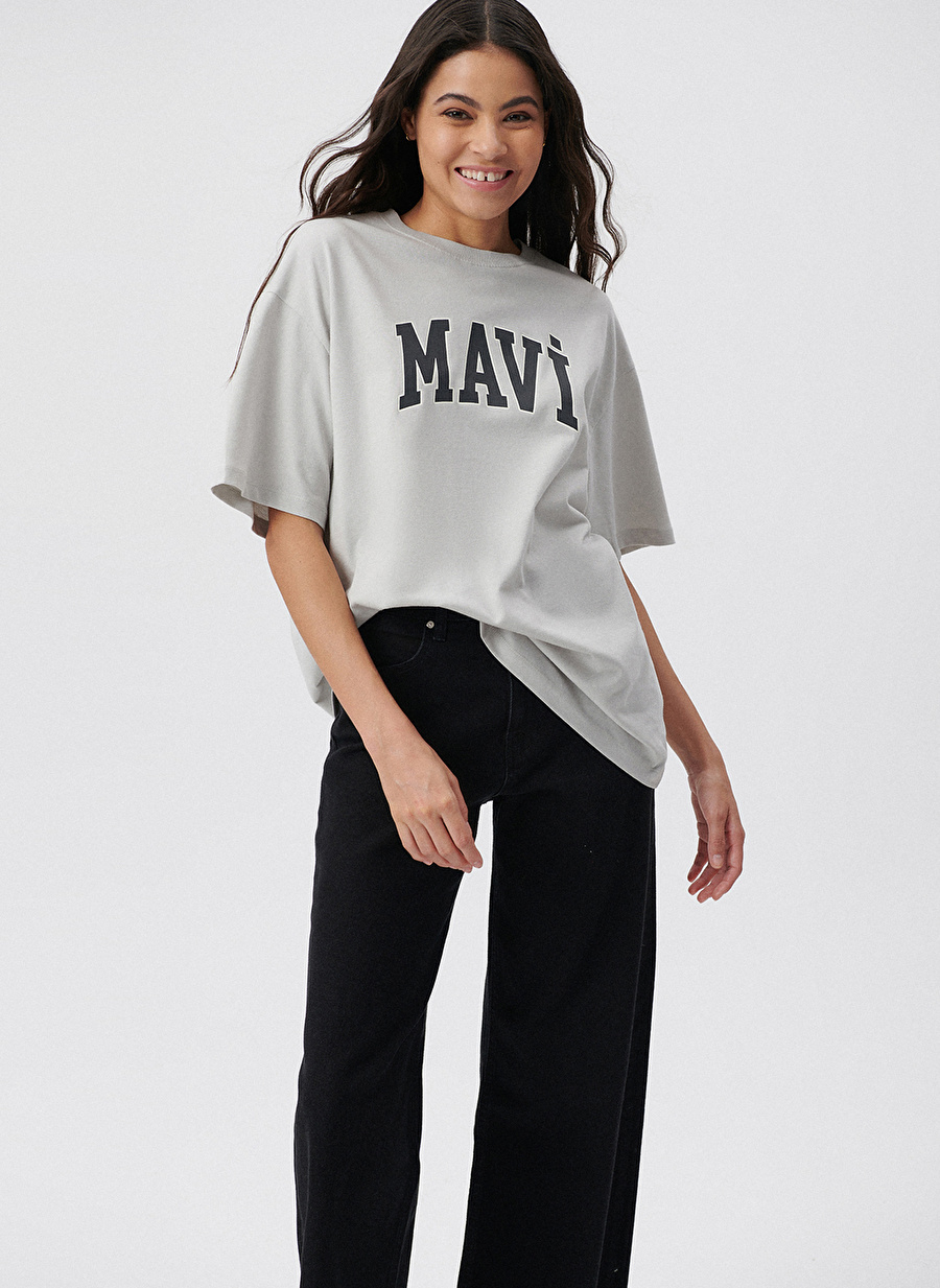 Mavi Bisiklet Yaka Baskılı Gri Kadın T-Shirt M1600843-70074 MAVİ BASKILI TİŞÖRT