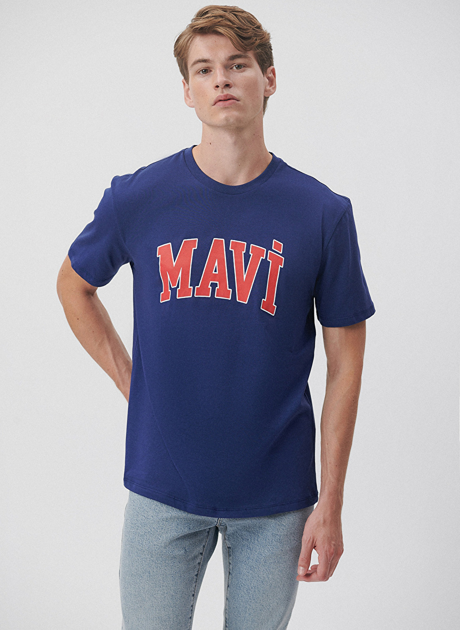 Mavi Bisiklet Yaka Düz Saks Erkek T-Shirt M0611711-70722_MAVİ LOGO TİŞÖRT