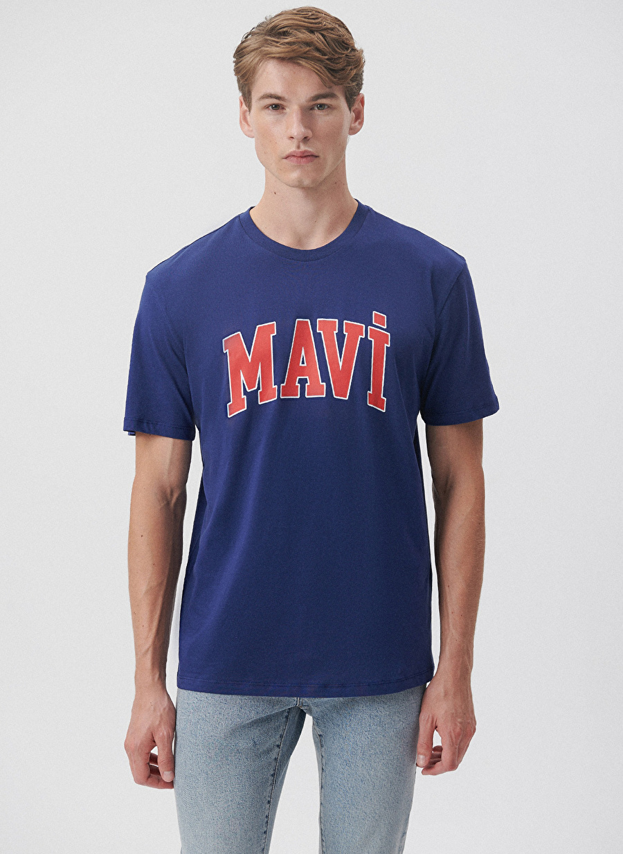 Mavi Bisiklet Yaka Düz Saks Erkek T-Shirt M0611711-70722_MAVİ LOGO TİŞÖRT_1