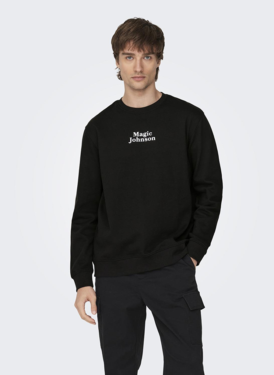 Only & Sons Siyah Erkek O Yaka Baskılı Sweatshirt 22027894_ONSCELEBRITY REG CREW NECK