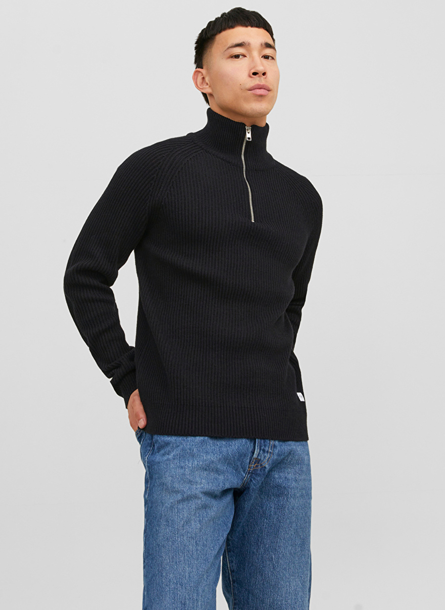 Jack & Jones Dik Yaka Standart Siyah Erkek Kazak 12236308_JJPANNEL KNIT HALF ZIP AW2