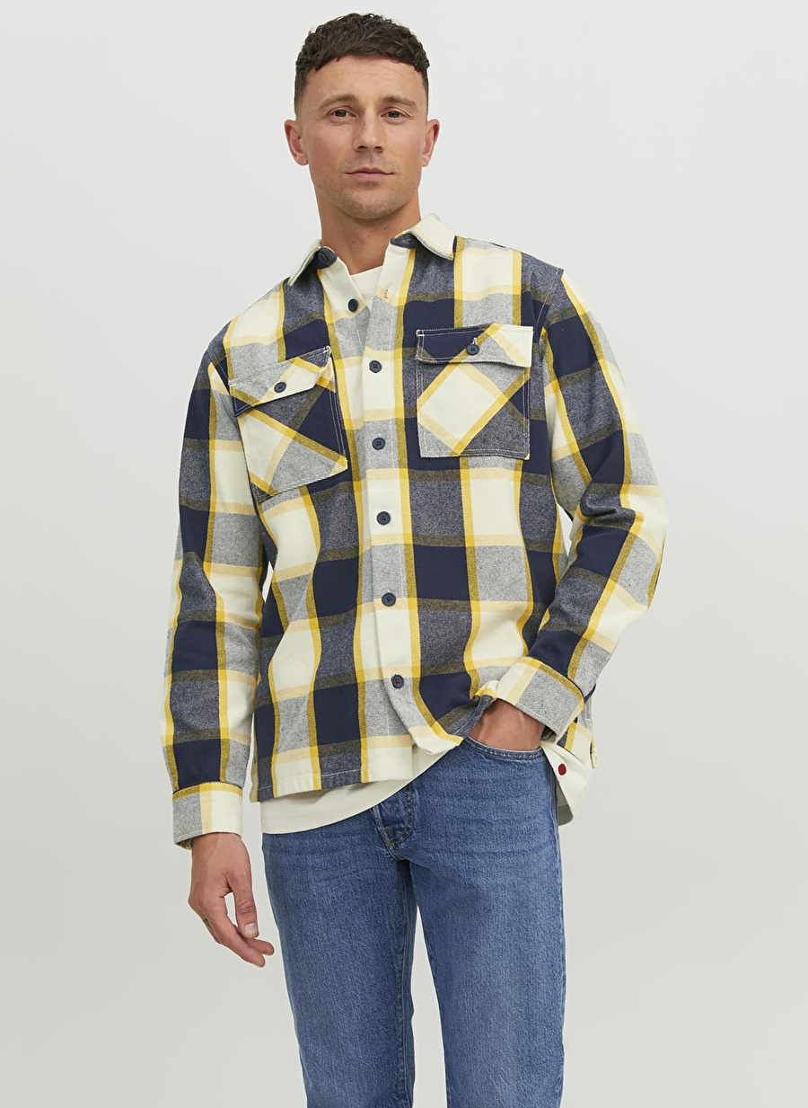 Jack & Jones Geniş Fit Sarı Erkek Gömlek 12243507_RDDBRADY CHECK OVERSHIRT L