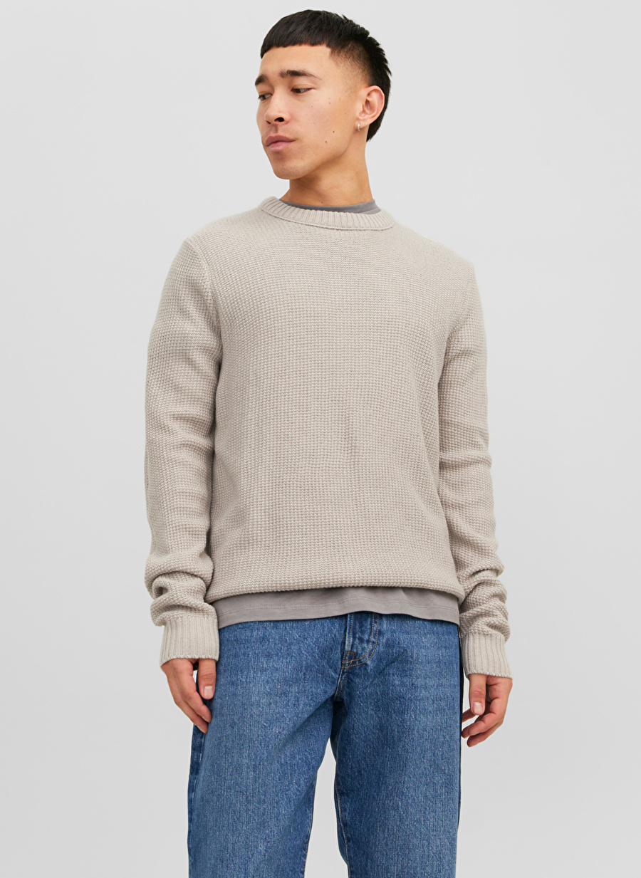 Jack & Jones Bisiklet Yaka Standart Krem Erkek Kazak 12243116_JORKYLE KNIT CREW NECK_4