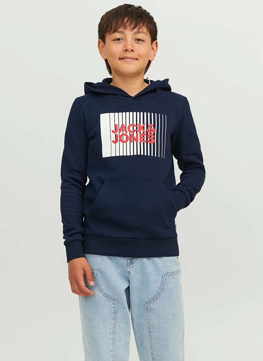 Jack & Jones Lacivert Erkek Çocuk Kapüşonlu Uzun Kollu Lastikli Baskılı Sweatshirt JJECORP LOGO SWEAT HOOD PLAY NOOS J