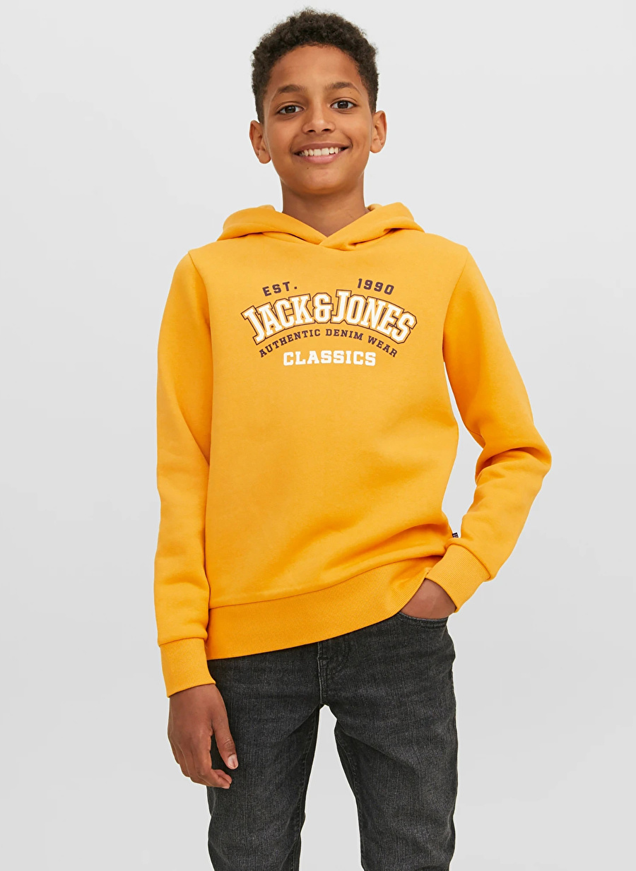 Jack & Jones Sarı Erkek Çocuk Kapüşonlu Uzun Kollu Lastikli Baskılı Sweatshirt JJELOGO SWEAT HOOD 2 COL 22/23 NOOS