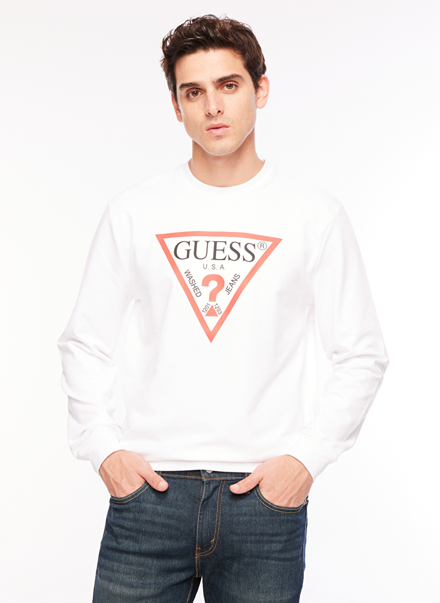 Guess Bisiklet Yaka Beyaz Erkek Sweatshırt AUDLEY CN FLEECE - ORGANIC CLEAR ST_1