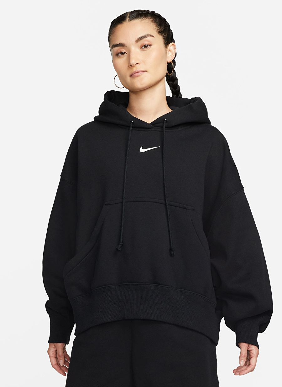 Nike Siyah - Gri - Gümüş Kadın Yuvarlak Yaka Regular Fit Sweatshirt DQ5858-010 W NSW PHNX FLC OOS PO HO