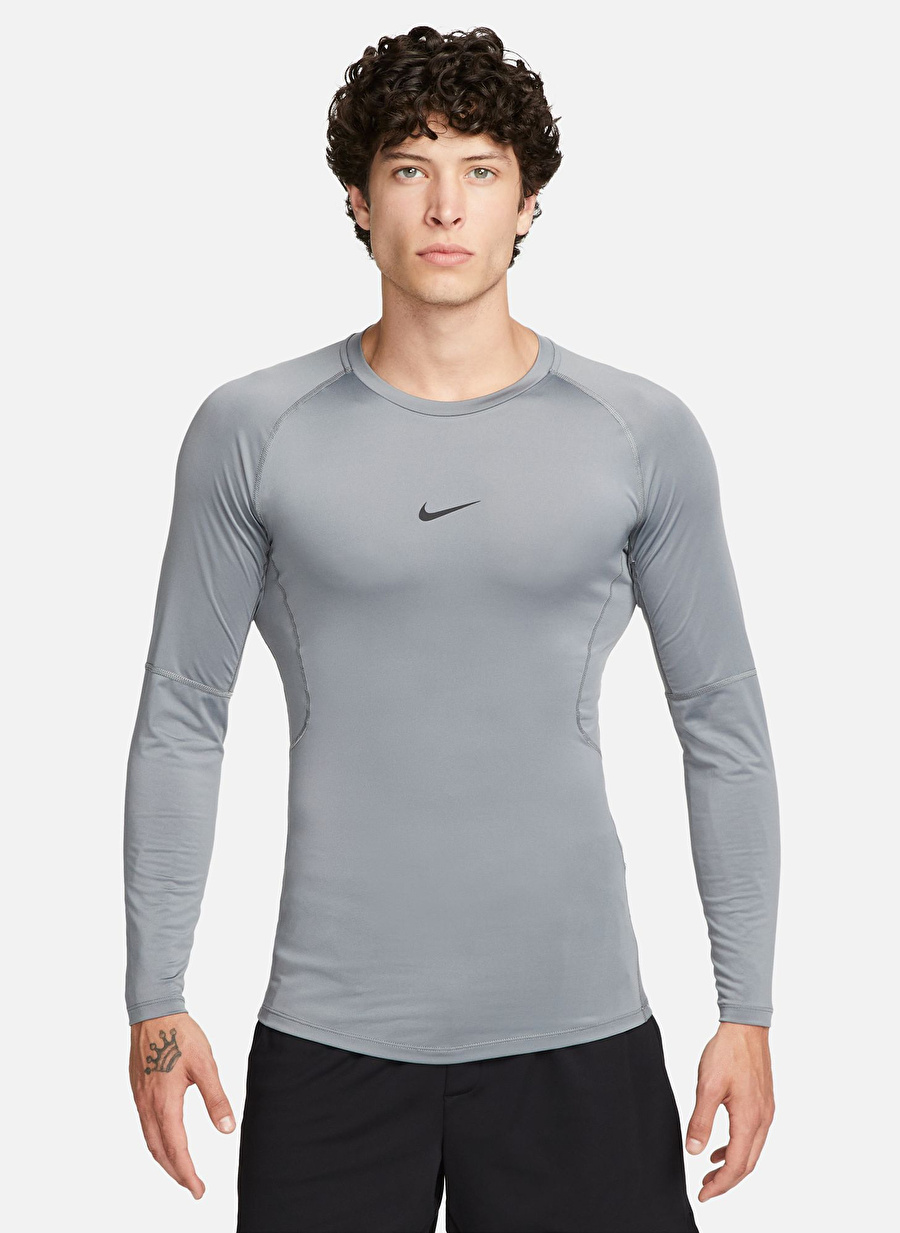 Nike Siyah - Gri - Gümüş Erkek Yuvarlak Yaka Regular Fit Uzun Kollu T-Shirt FB7919-084 M NP DF TIGHT TOP LS_1