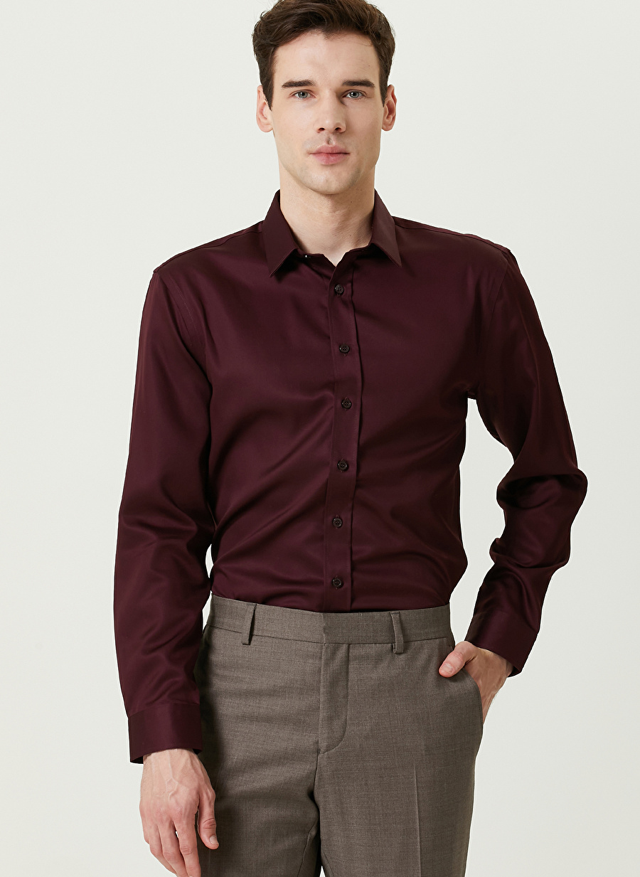 Network Slim Fit Klasik Yaka Bordo Erkek Gömlek 1089282