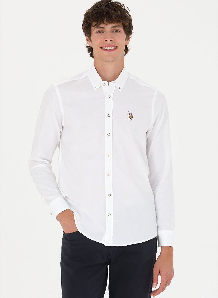 U.S. Polo Assn. Slim Fit Düğmeli Yaka Beyaz Erkek Gömlek CEDCOLOR023K