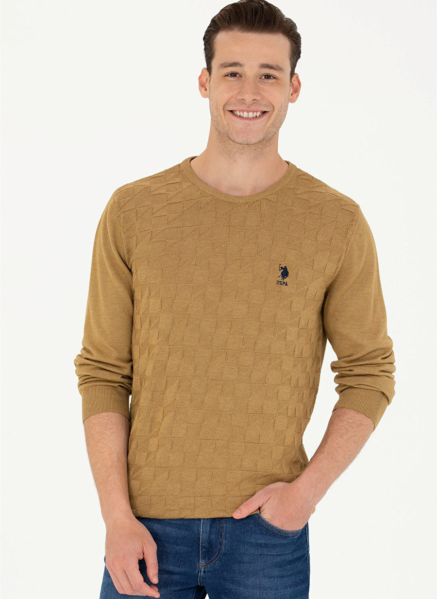 U.S. Polo Assn. Bisiklet Yaka Slim Fit Açık Haki Erkek Kazak TCP01-BSK23