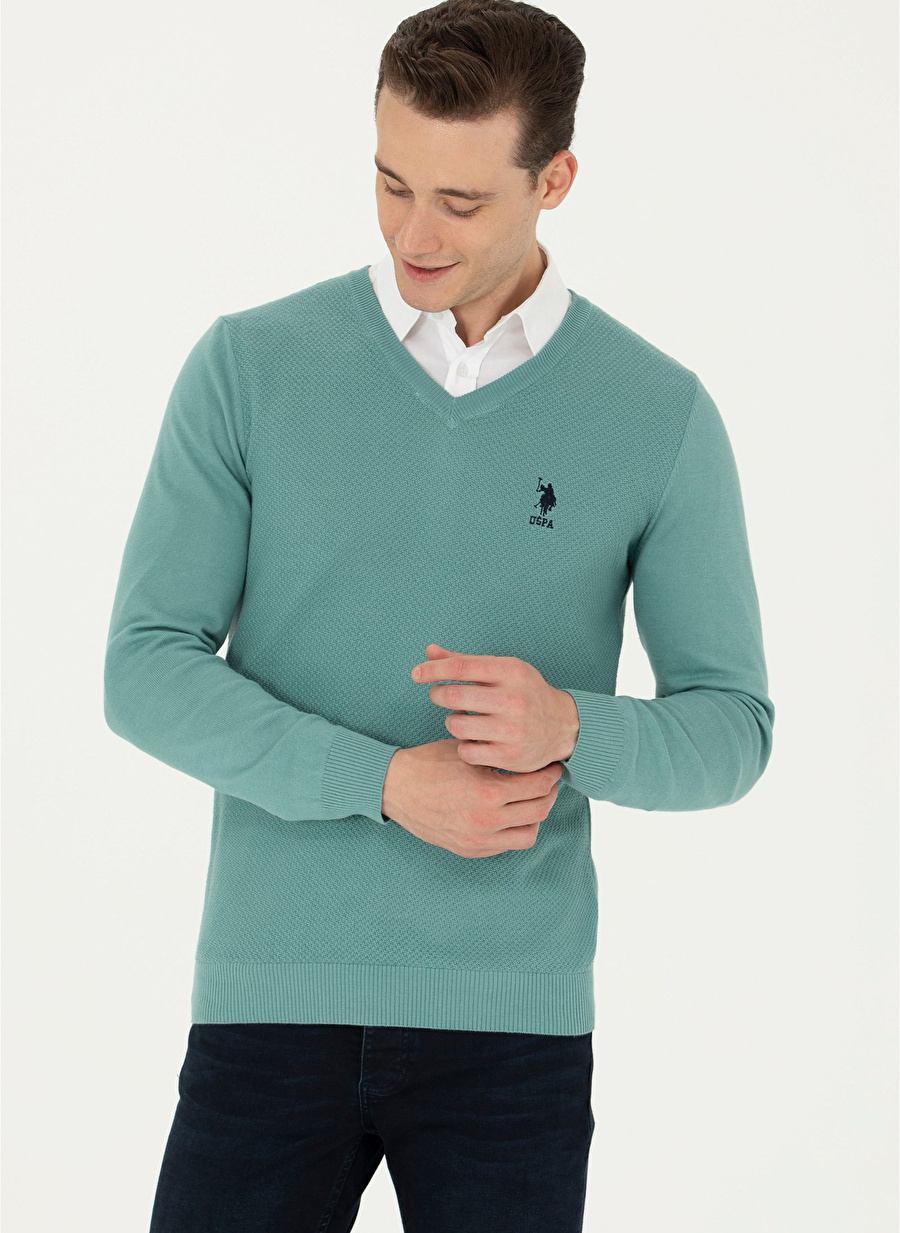 U.S. Polo Assn. V Yaka Slim Fit Mint Erkek Kazak TCDUNI-BSK23