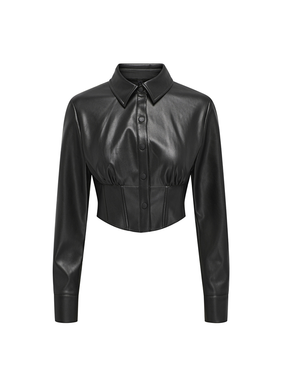 Only Dar Gömlek Yaka Düz Siyah Kadın Gömlek ONLMIA FAUX LEATHER SHIRT OTW