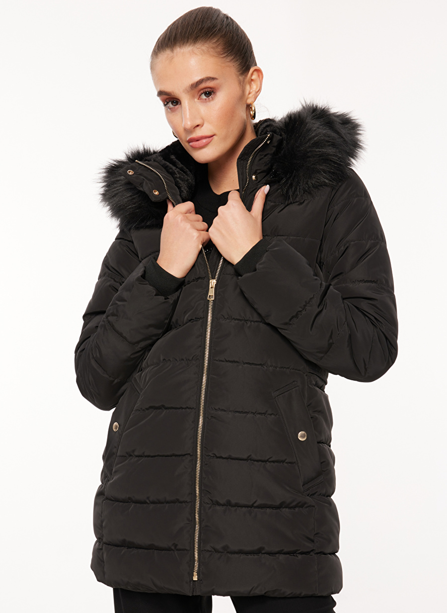 Only Siyah Kadın Kaban ONLNEWCAMILLA QUILT FUR HOOD COAT C