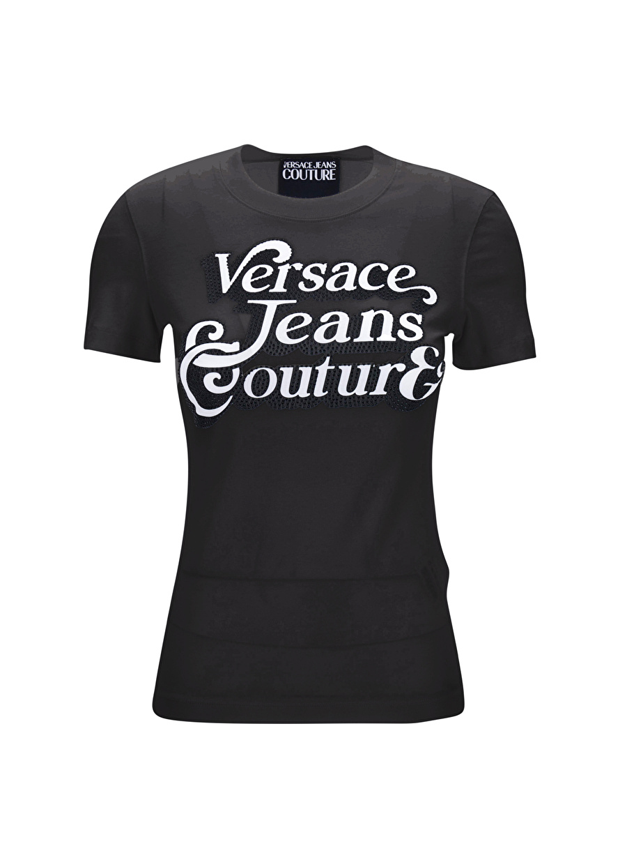 Versace Jeans Couture Bisiklet Yaka Baskılı Siyah Kadın T-Shirt 75HAHG02