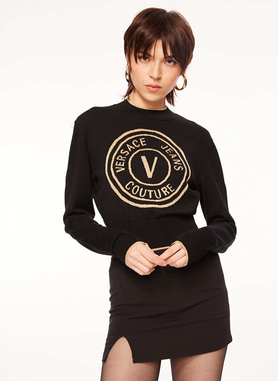 Versace Jeans Couture Bisiklet Yaka Normal Baskılı Siyah Kazak Kadın 75HAFM21