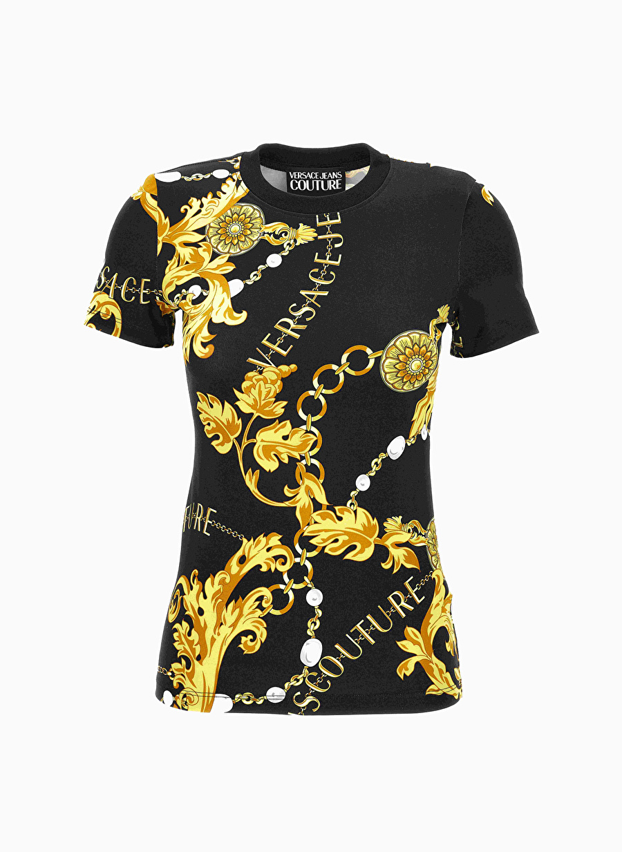 Versace Jeans Couture Bisiklet Yaka Baskılı Siyah Kadın T-Shirt 75HAH608