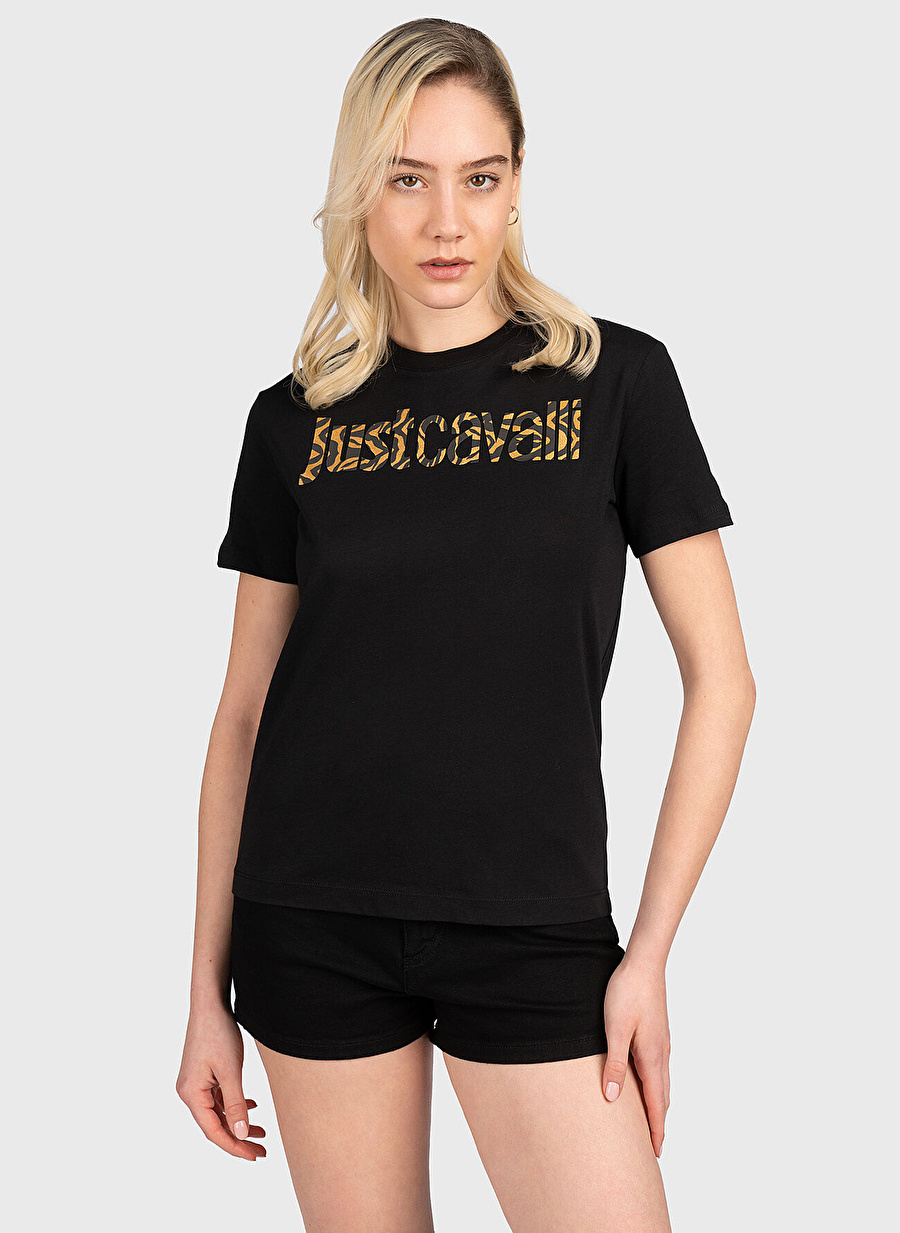 Just Cavalli Bisiklet Yaka Baskılı Siyah Kadın T-Shirt 75PAHG05