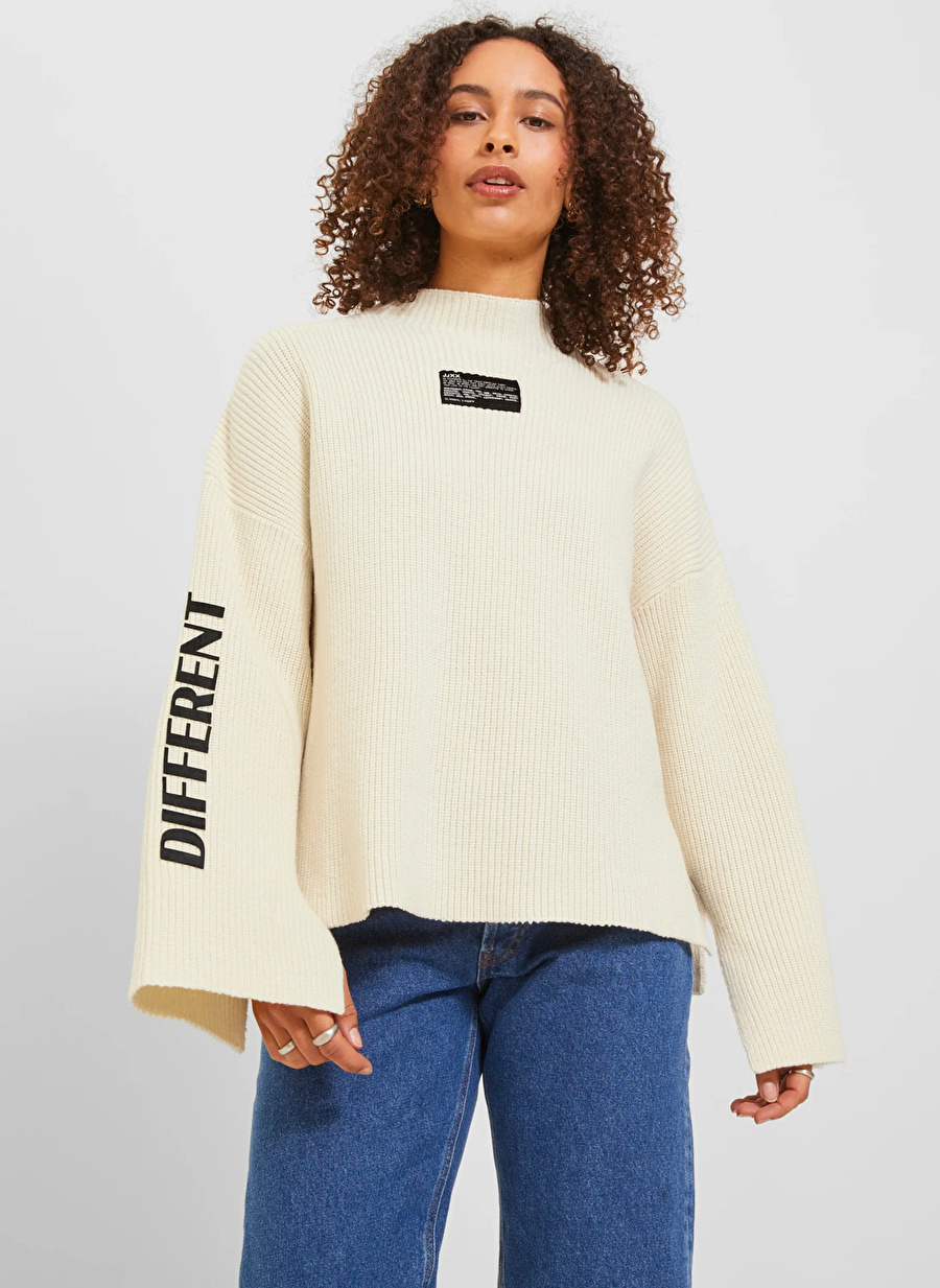 JJXX Bisiklet Yaka Oversized Baskılı Kırık Beyaz Kazak Kadın JXMAJA HIGH NECK KNIT