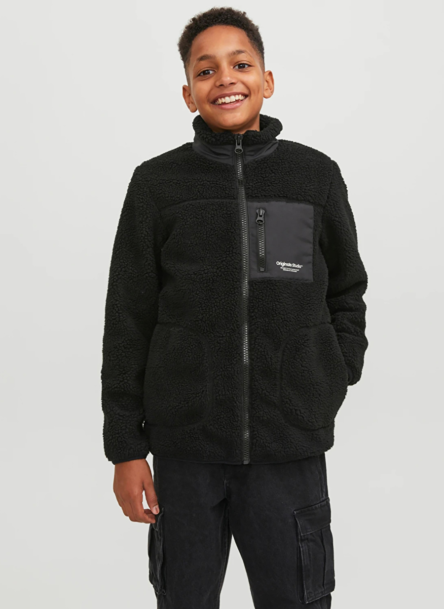 Jack & Jones Siyah Erkek Çocuk Dik Yaka Yumuşak Dokulu Sweatmont JORVESTERBRO TEDDY JACKET JNR