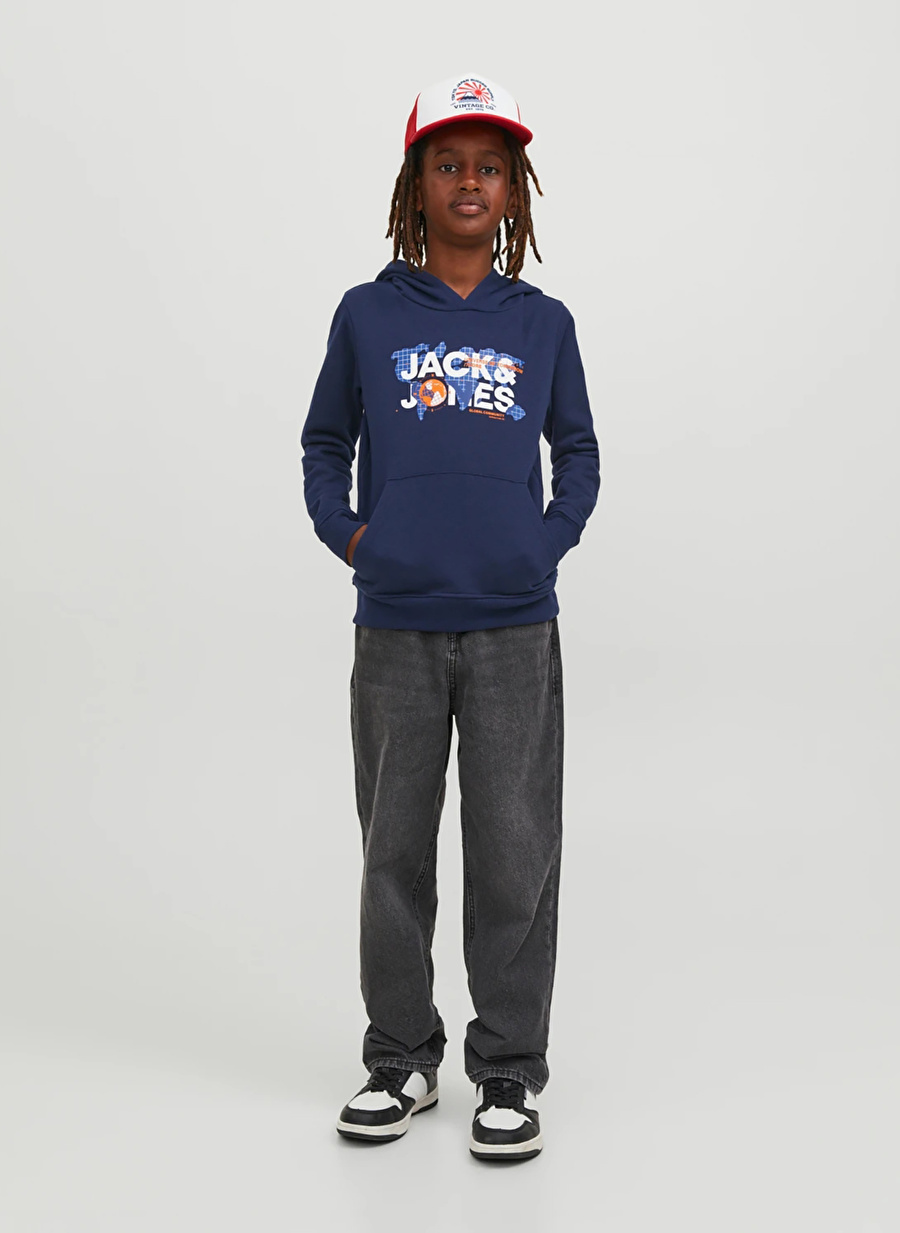 Jack & Jones Lacivert Erkek Çocuk Kapüşonlu Uzun Kollu Baskılı Sweatshirt JCODUST SWEAT HOOD SN JNR