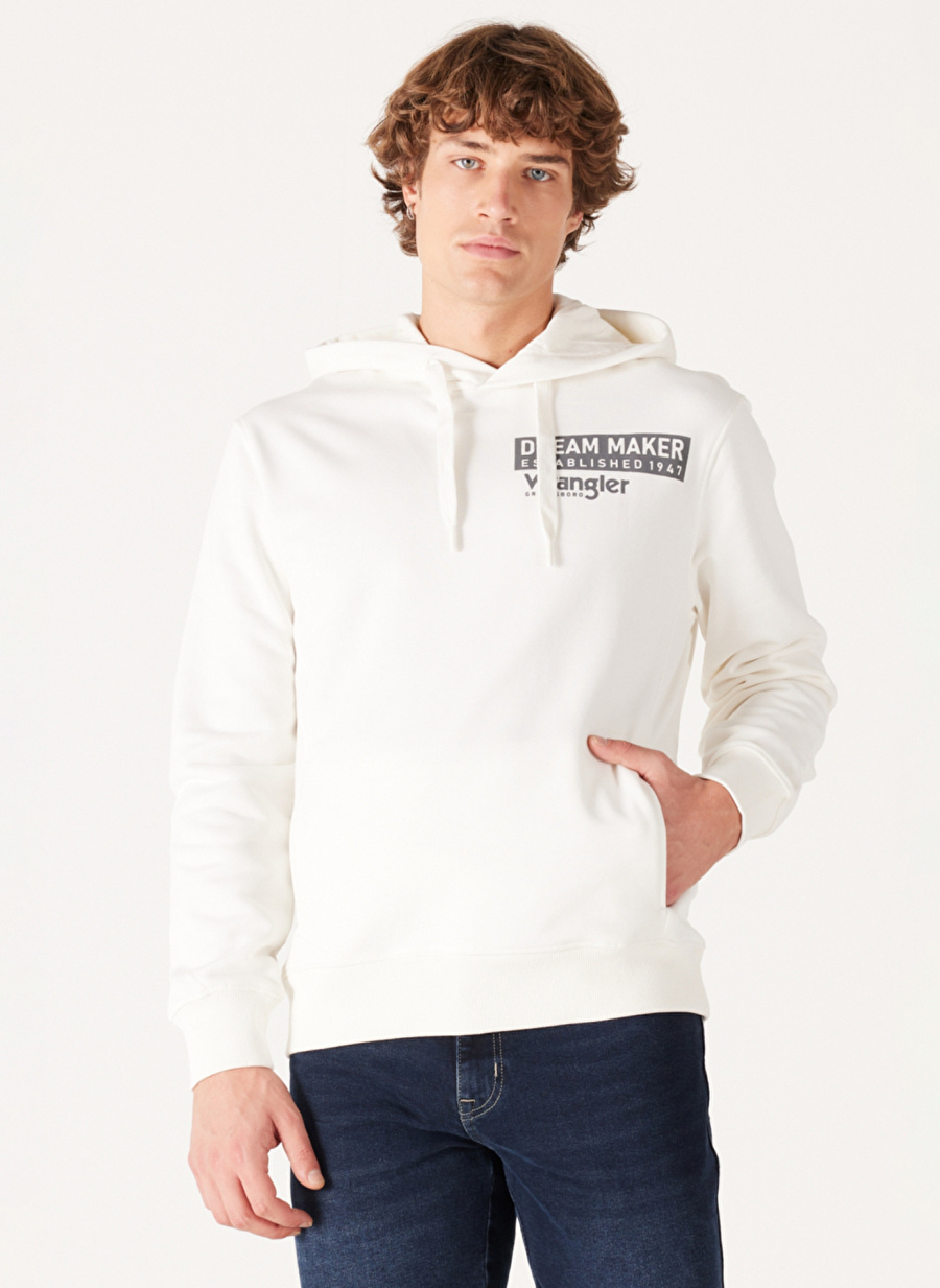 Wrangler Kapüşon Yaka Kırık Beyaz Erkek Sweatshırt W232242102 Kapüşonlu Sweatshirt