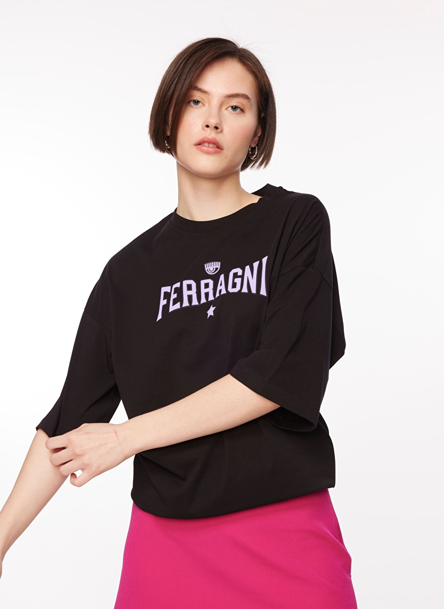 Chiara Ferragni Bisiklet Yaka Baskılı Siyah Kadın T-Shirt 75CBHT04