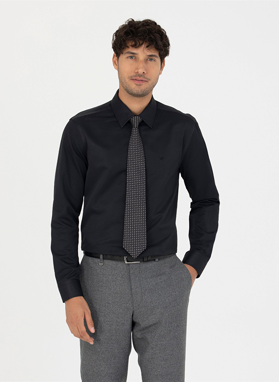 Pierre Cardin Slim Fit Klasik Yaka Düz Siyah Erkek Gömlek MEDELLIN-3