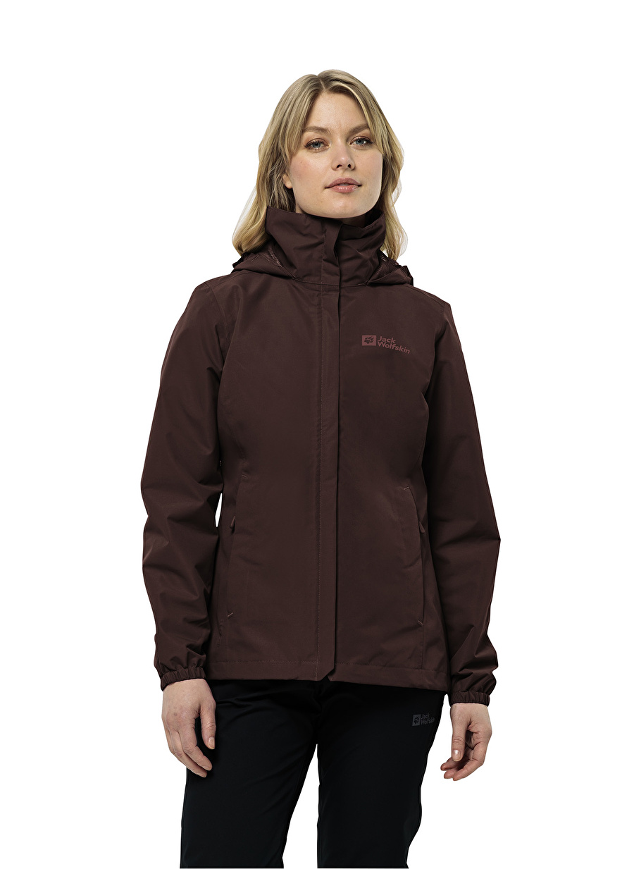 Jack Wolfskin Bordo Kadın Kapüşon Yaka Yağmurluk Stormy Point 2L Jkt W