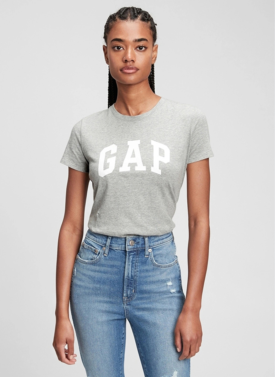 Gap Bisiklet Yaka Baskılı Gri Kadın T-Shirt 268820