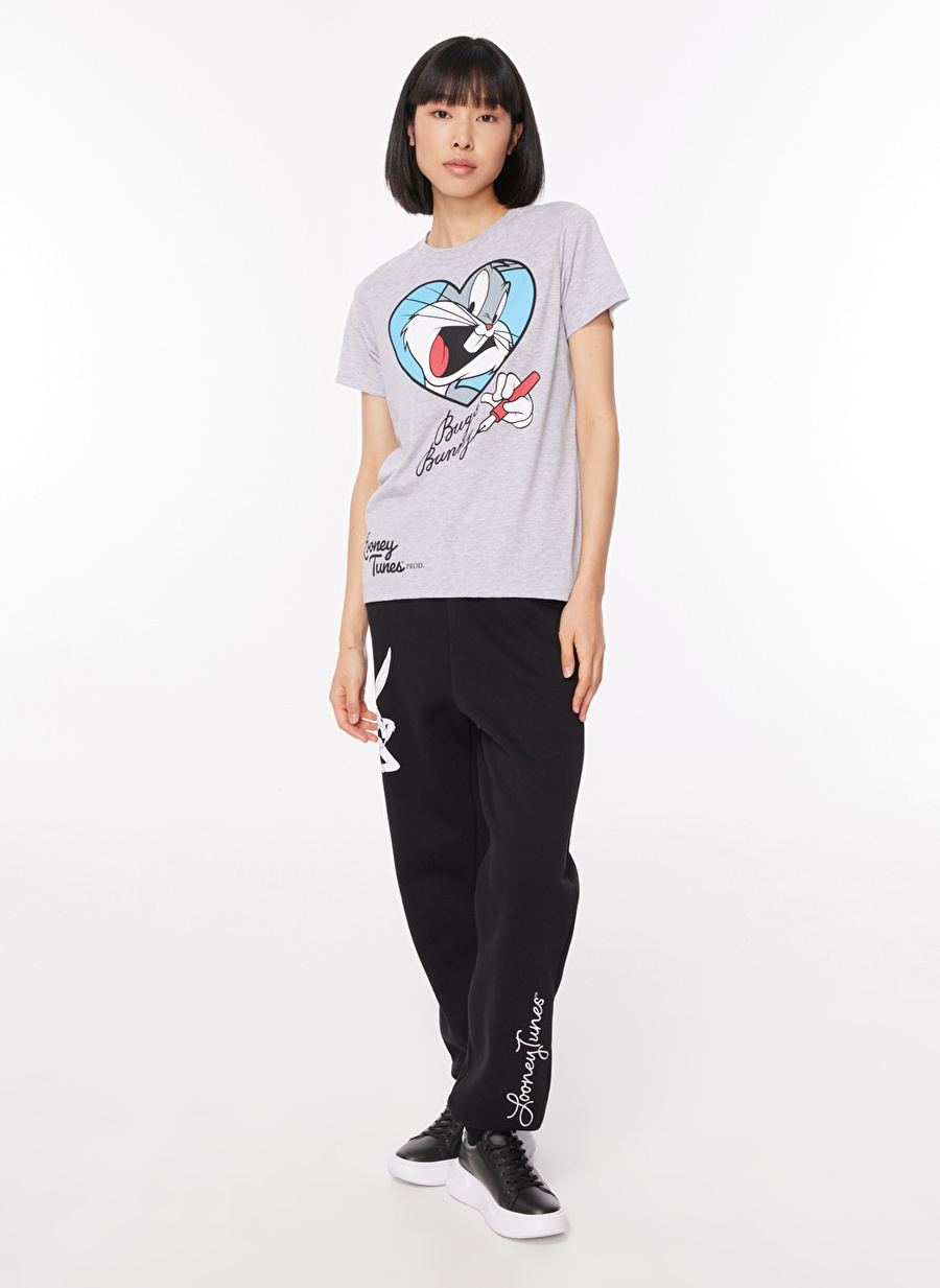 Never Say Never Kadın Gri Melanj Bisiklet Yaka Oversize Düz LOONEY TUNES - BUGS BUNNY T-Shirt