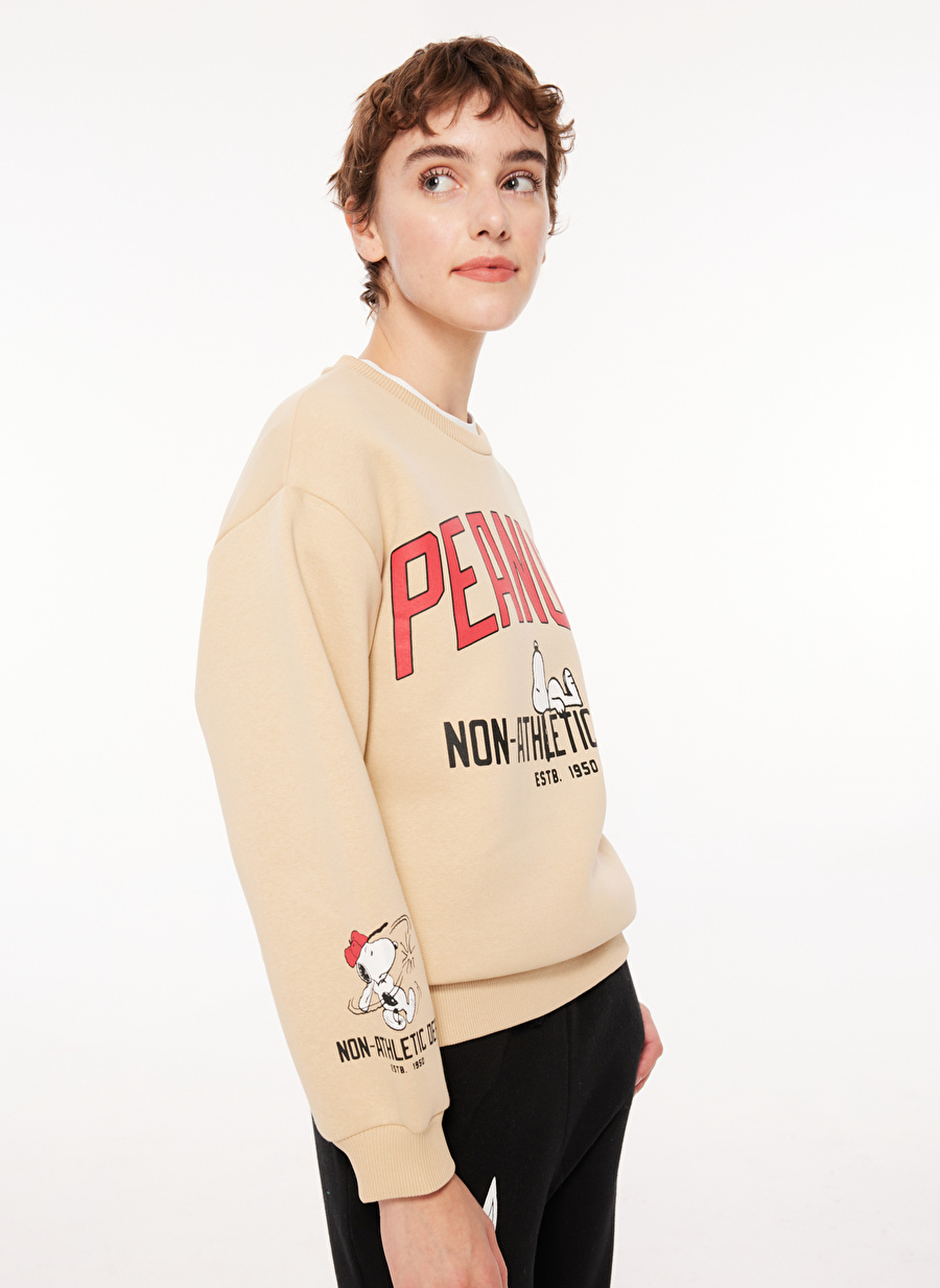 Never Say Never Kadın Bej Bisiklet Yaka Oversize Düz PEANUTS Sweatshirt