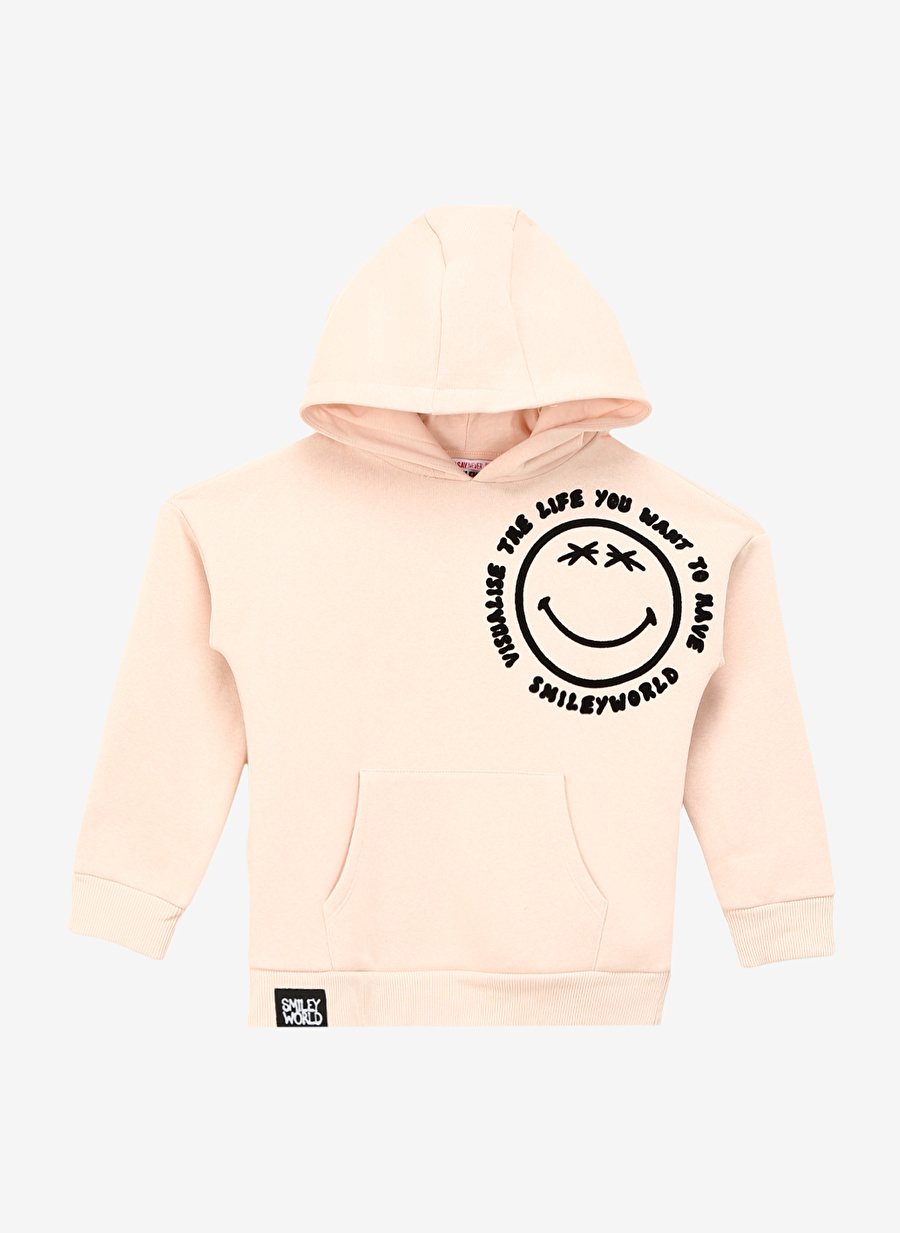 Never Say Never Kız Çocuk Açık Pembe Kapüşonlu Oversize Düz SMİLEY WORLD Sweatshirt