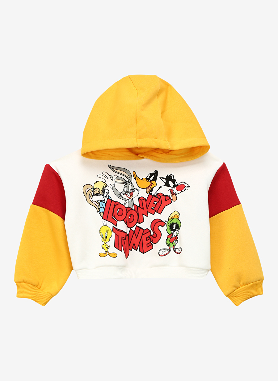 Never Say Never Kız Çocuk Sarı - Kırmızı Kapüşonlu Oversize Düz LOONEY TUNES  Sweatshirt