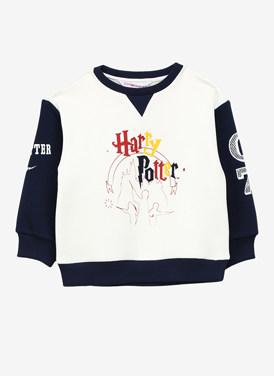 Never Say Never Erkek Çocuk Lacivert - Beyaz Bisiklet Yaka Oversize Baskılı HARRY POTTER Sweatshirt