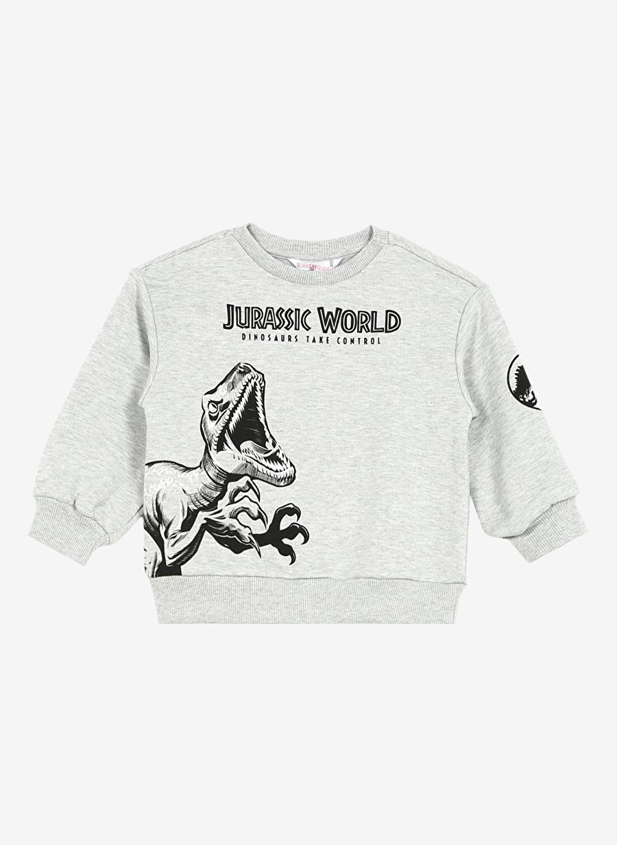 Never Say Never Erkek Çocuk Gri Bisiklet Yaka Baskılı JURASSSIC WORLD Sweatshirt