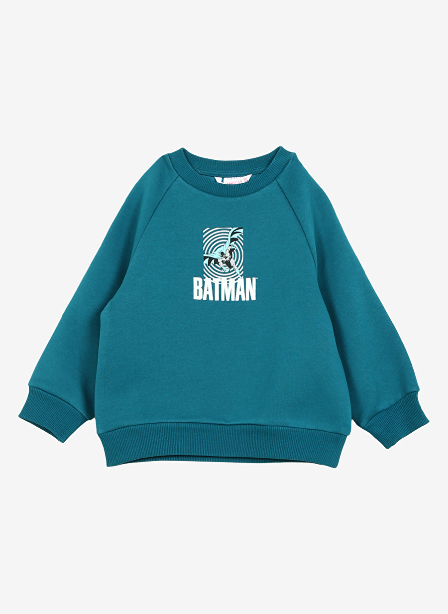 Never Say Never Erkek Çocuk Mavi Petrol Bisiklet Yaka Oversize Baskılı BATMAN Sweatshirt