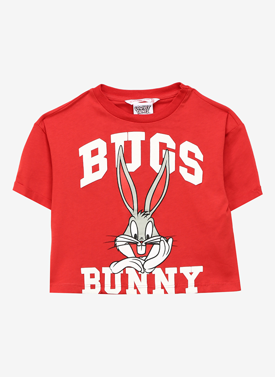 Never Say Never Kız Çocuk Kırmızı Bisiklet Yaka Oversize Düz BUGS BUNNY  T-Shirt