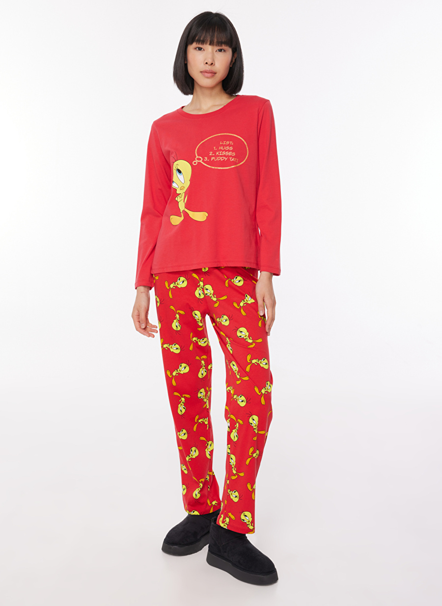 Never Say Never Kadın Kırmızı Bisiklet Yaka Baskılı LOONEY TUNES -TWEETY Pijama Takımı