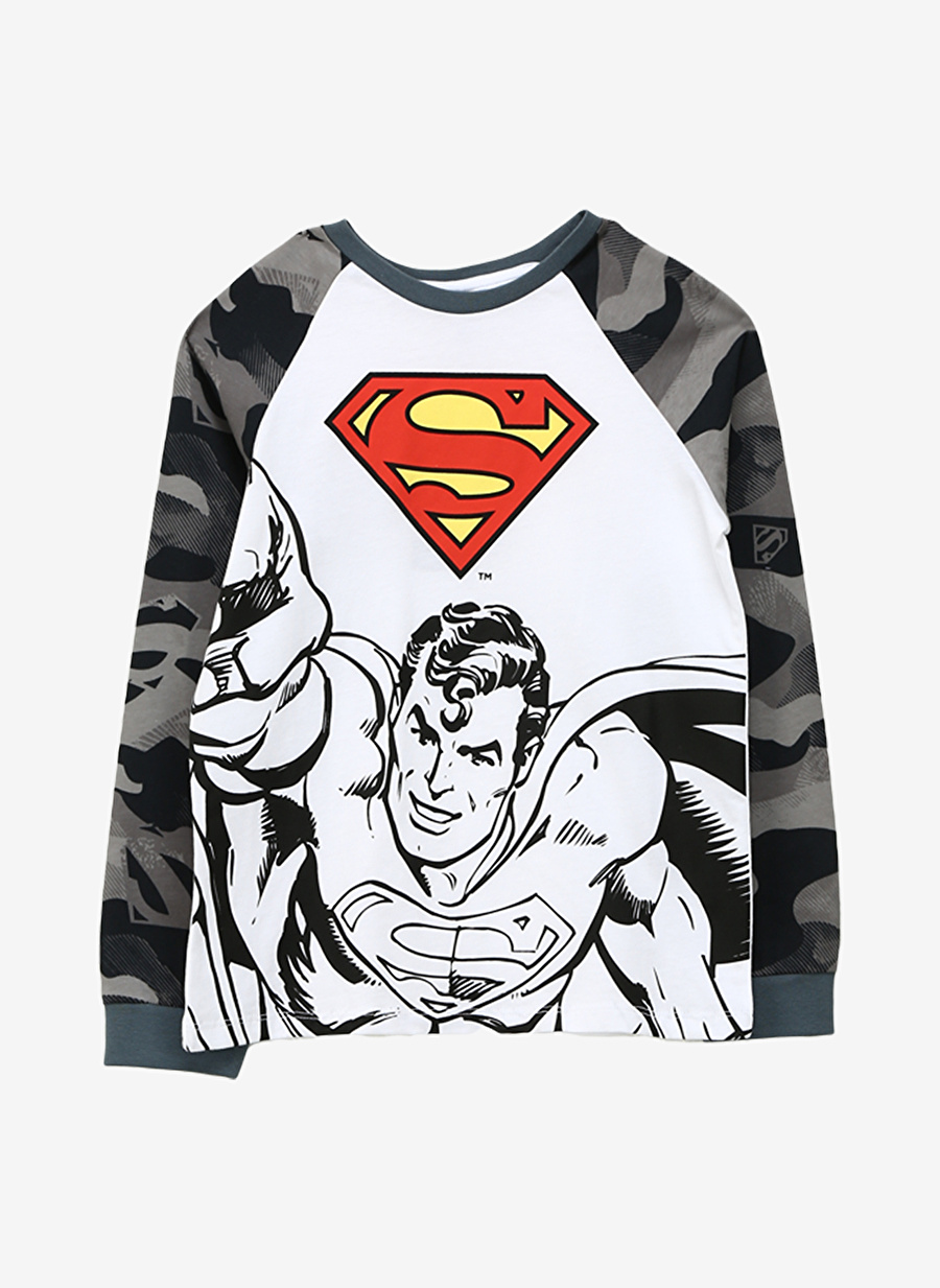 Never Say Never Erkek Çocuk Gri - Beyaz Bisiklet Yaka Regular Fit Baskılı WARNER BROS - SUPERMAN  Pijama Takımı