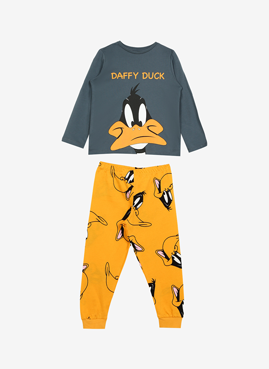 Never Say Never Erkek Çocuk Gri - Turuncu Bisiklet Yaka Regular Fit Baskılı LOONEY TUNES-DUFY DUCK Pijama Takımı