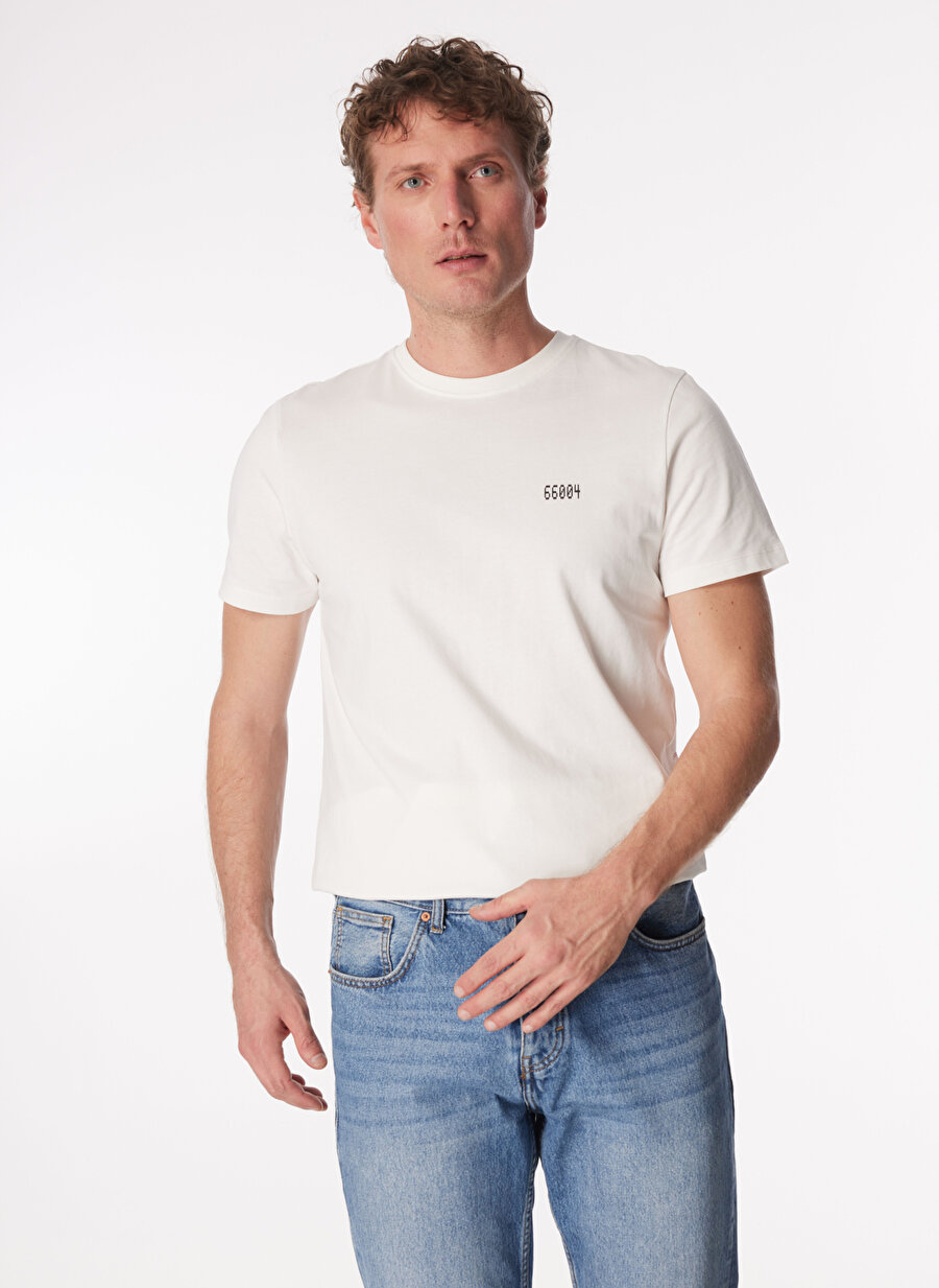 Fabrika Kırık Beyaz Erkek Bisiklet Yaka Basic Baskılı T-Shirt F4SM-TST 0202